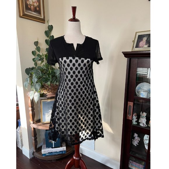 Clotheshead Black Sheer Polka Dot Dress w/ Ivory Underlay, sz M - Picture 1 of 10